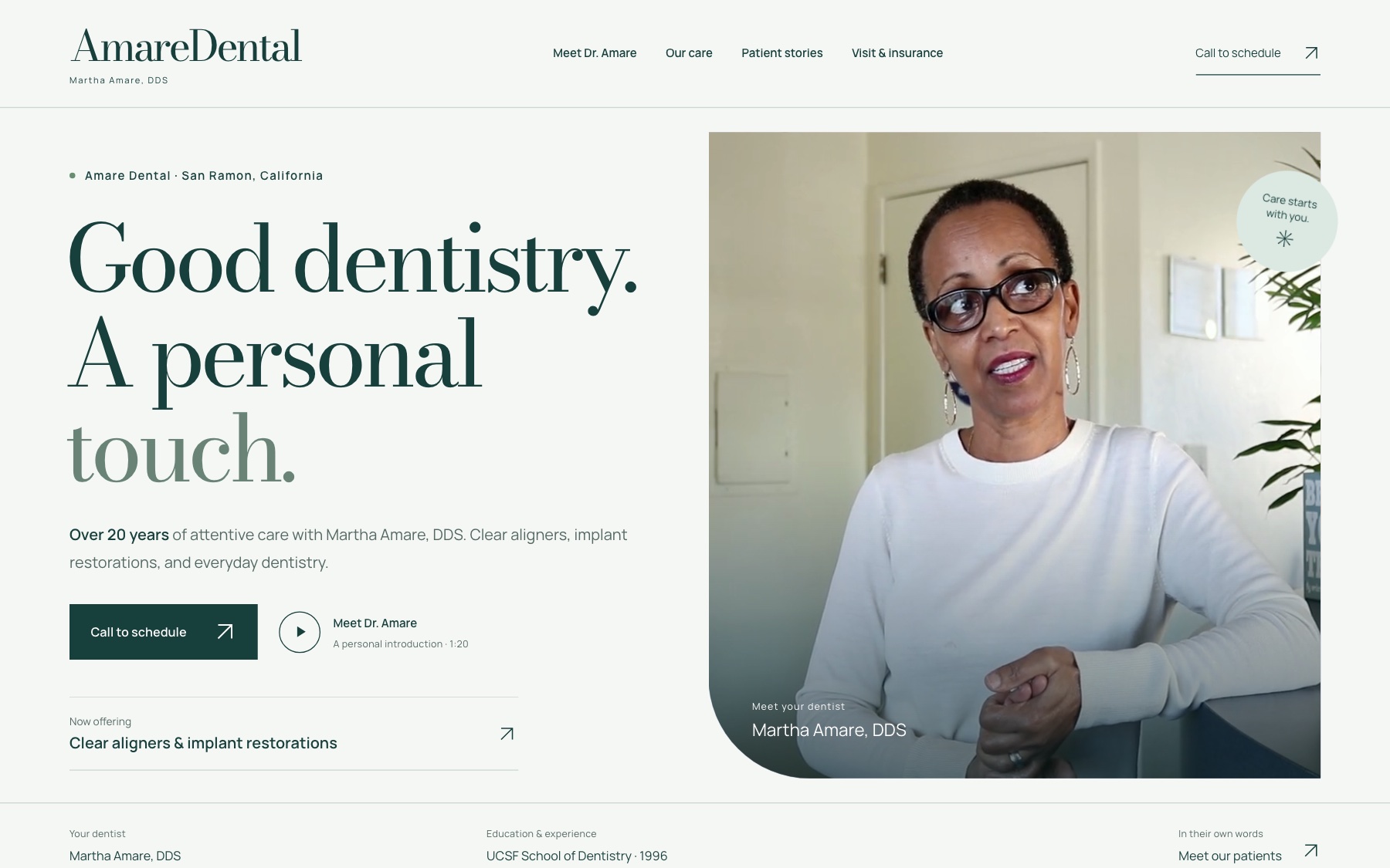 Amare Dental: Dr. Martha Amare with headline 'Good dentistry. A personal touch.' and clear aligners.