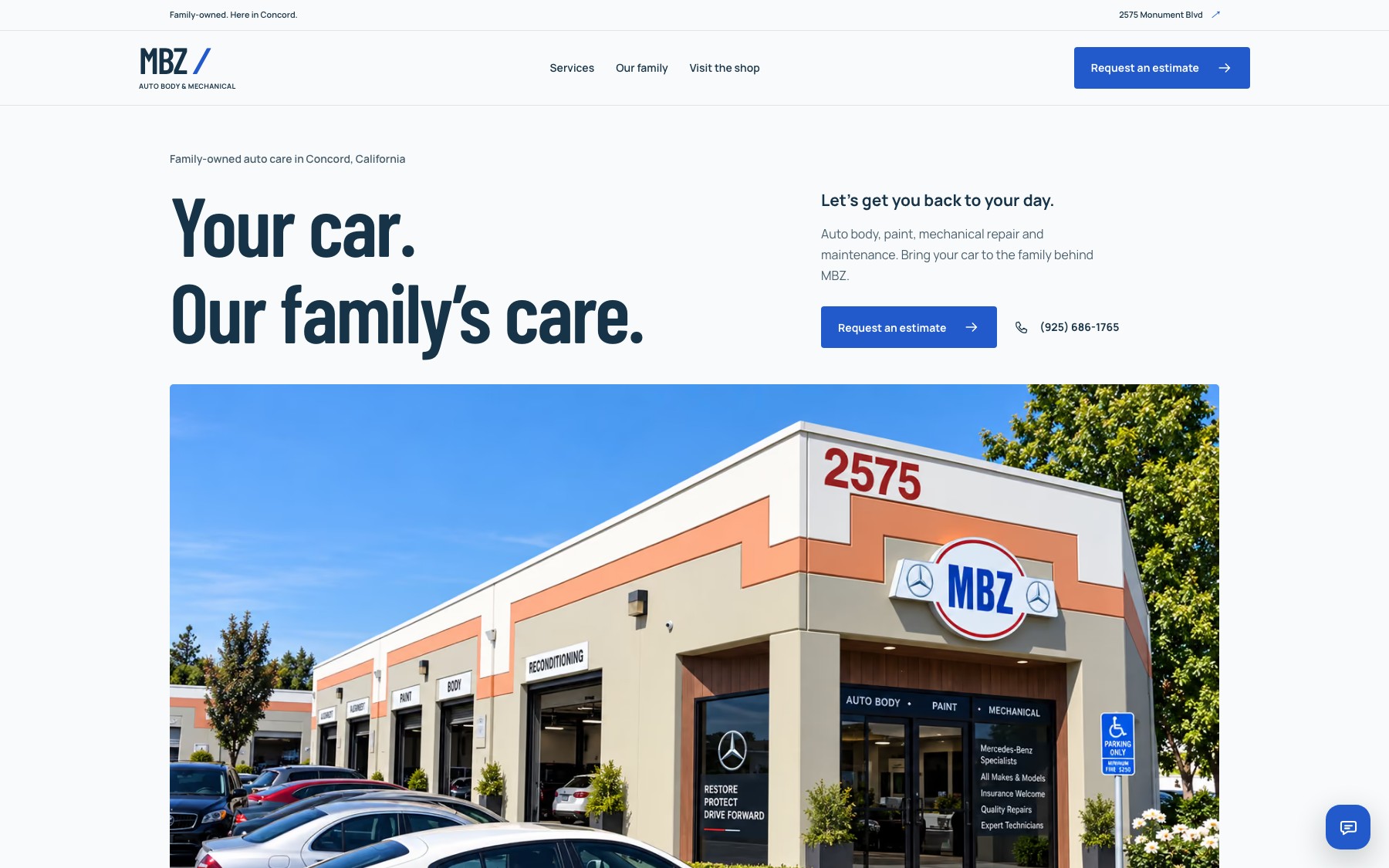 MBZ Auto Body & Mechanical: family-owned auto body, collision repair, and maintenance shop on Monument Boulevard in Concord, California.